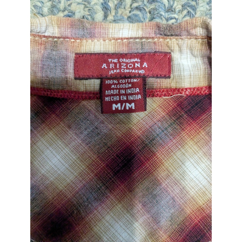 Arizona Jean Company Mens Western Plaid Snap Button Shirt Burgundy Tan Medium - Picture 3 of 6
